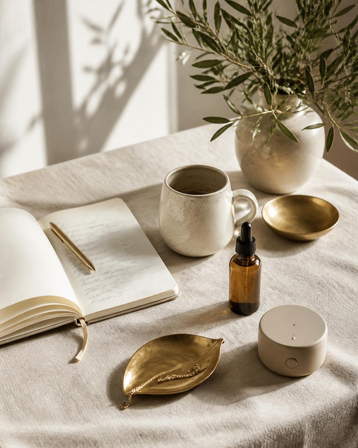 Novakora still life — shared notebook, stoneware mug, amber serum bottle and a small everyday gadget